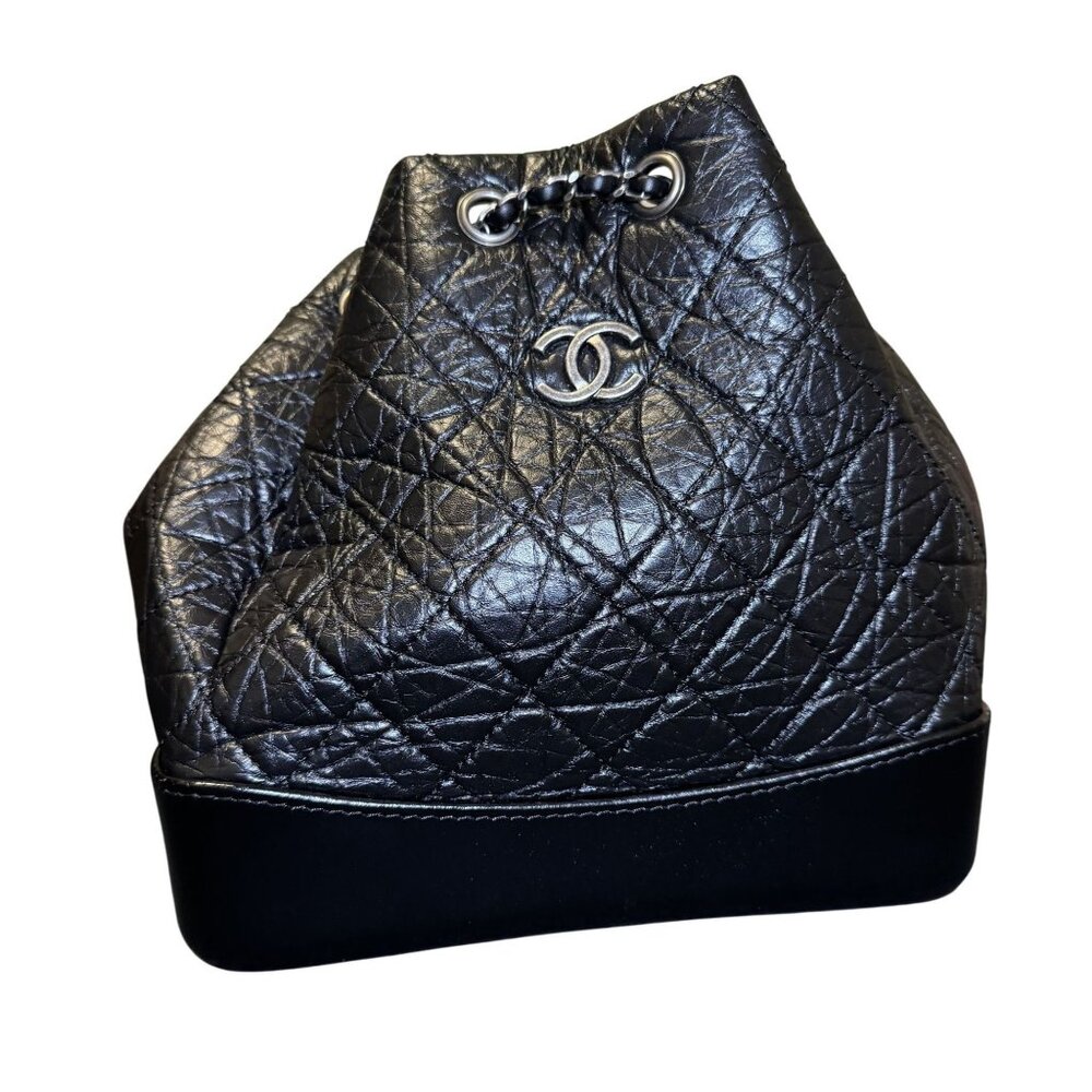 Chanel Black Quilted Leather Backpack With Chain Straps & CC Logo